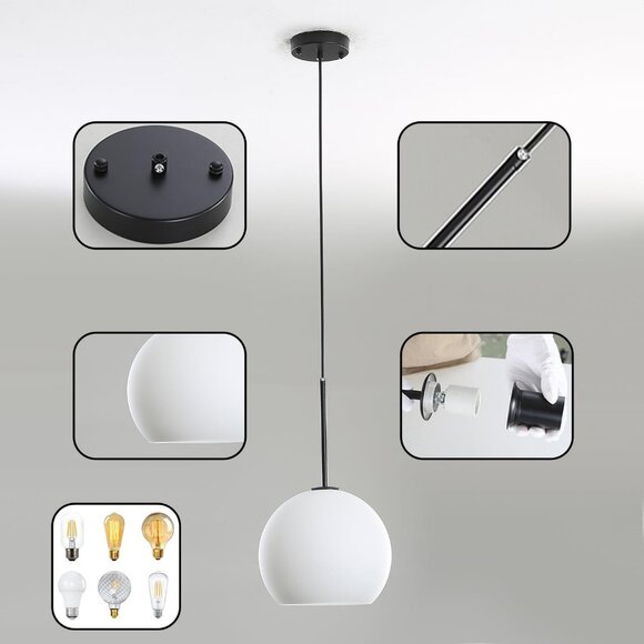 NEW Modern Globe Pendant Light Fixture Mid-Century Glass Ceiling Black White - Picture 2 of 6